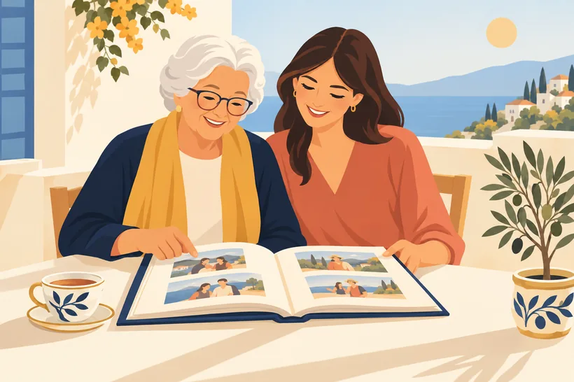Ilustración de una abuela y una joven mirando juntas un álbum de fotos familiar