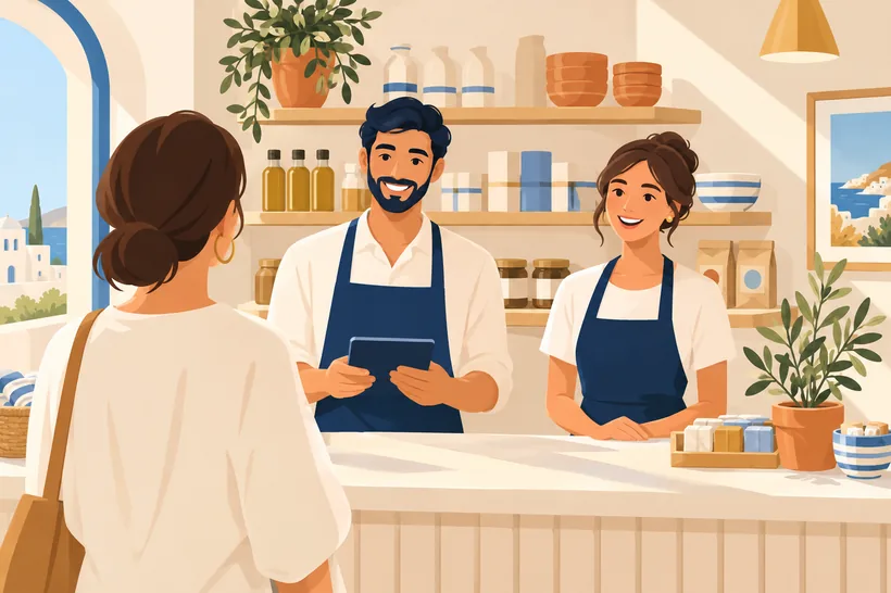 Ilustración de dos personas atendiendo un pequeño comercio luminoso
