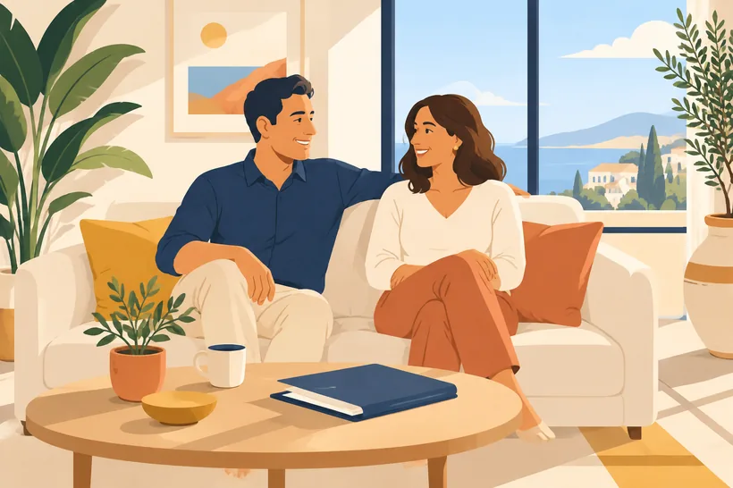 Ilustración de una familia caminando junta por una calle mediterránea luminosa