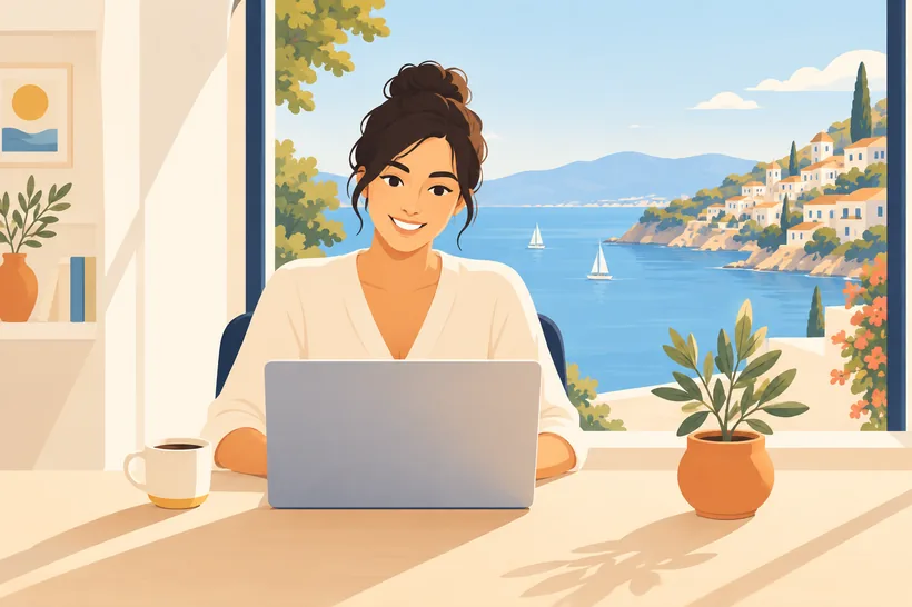 Ilustración de una persona trabajando con su portátil frente a una ventana con vistas al mar