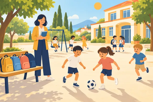 Ilustración de un patio de colegio con niños jugando al sol