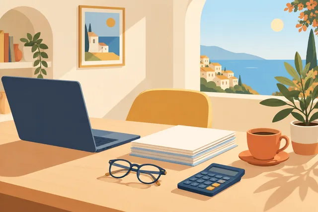 Ilustración de un escritorio ordenado con portátil, papeles y calculadora