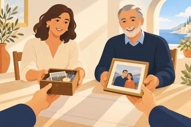 Ilustración de dos personas pasando una caja de recuerdos y una fotografía enmarcada