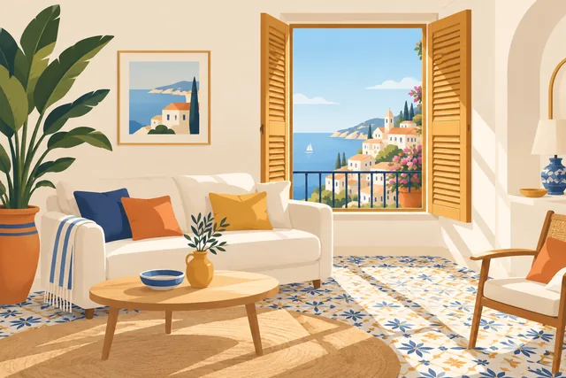 Ilustración del interior de un piso mediterráneo luminoso con plantas