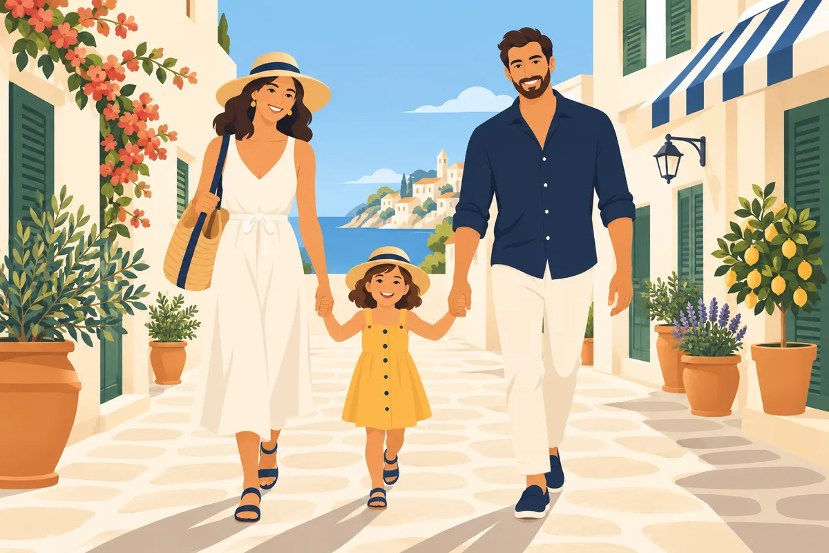 Ilustración de una familia caminando por una calle mediterránea luminosa