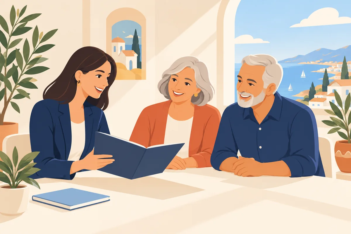 Ilustración de una asesora mostrando documentos a una pareja mayor sonriente