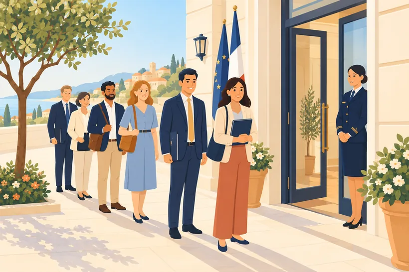 Ilustración de una cola ordenada a la puerta de un consulado: la Ley de nietos cerró su plazo